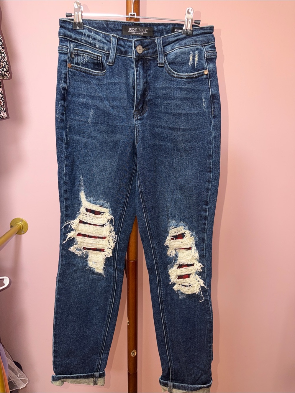 Judy Blue Dark Wash Distressed Boyfriend Jeans with Red Underlay